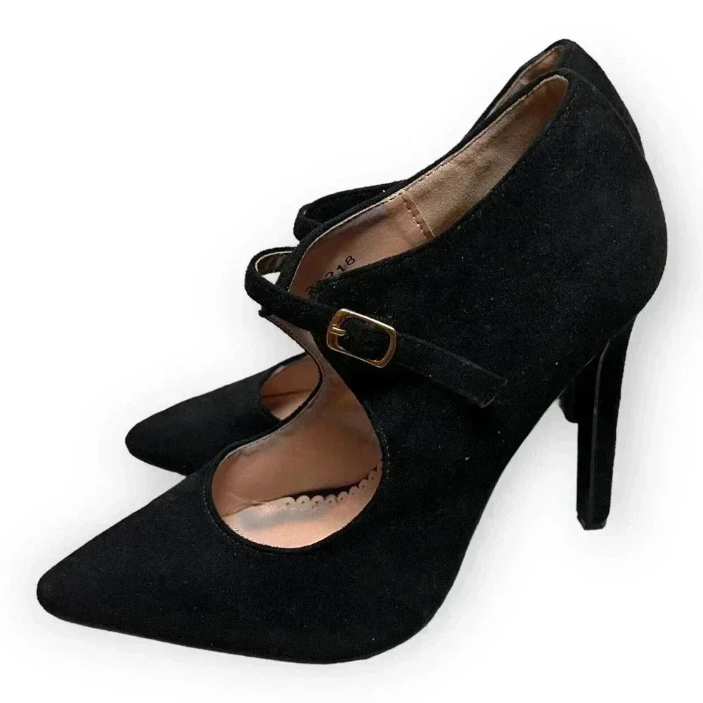 Jg Womens Black Faux Suede Pointed Toe‎ Buckle Pumps Heels Sz 5.5 Classic Sexy